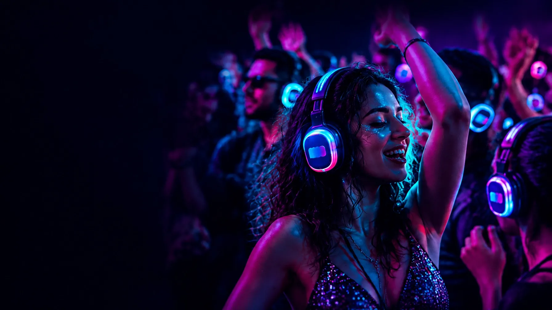 A crowd at a silent disco with glowing wireless headphones